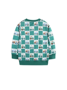 Kids long sleeve sweatshirt with green checkerboard pattern and tractor cartoon print