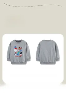 Flat lay of gray cotton kids' sweatshirt with festive cartoon print and round collar