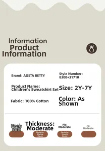 Size chart showing 100% cotton fabric specifications and sizing details for kids' sets