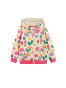 Sweat à capuche zippé fille blanc cassé avec bords-côtes roses et motif cartoon
