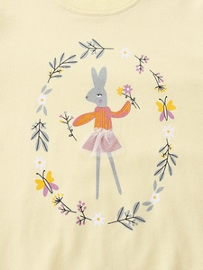 Pale yellow cotton sweatshirt for girls with cute bunny and floral embroidery design
