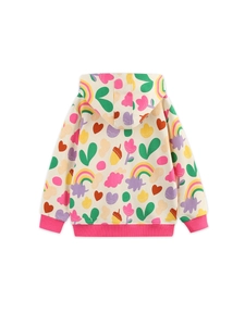 Sweat à capuche zippé pour enfants avec imprimés cartoon et poignets roses sur fond crème