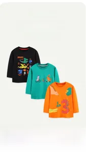Detail of three cotton boys' long-sleeve T-shirts with colorful dinosaur prints