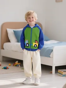 Veste à Capuche et Fermeture Éclair pour Garçons Style Occidental Broderie Tracteur Automne Bloc de Couleur Vert Bleu