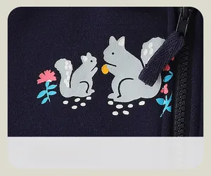 Close-up of squirrel cartoon print and black zipper on deep blue boys hoodie fabric