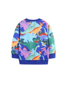 Blue kids sweatshirt featuring colorful dinosaur prints with ribbed cuffs and crewneck