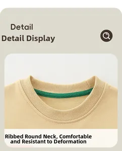 Detailed view of the durable ribbed crew neck with green contrast tape on khaki sweatshirt