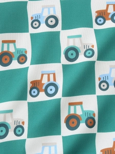 Green and white checkerboard kids sweatshirt with colorful cartoon tractor patterns