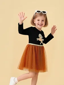 Girls Patchwork Long Sleeve Dress Sweet Cartoon Horse Printed Mesh Tutu Princess Dress For Autumn Party Kids Clothing