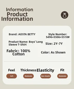 Detail specifications card for boys 100% cotton long sleeve tee showing fabric and size info