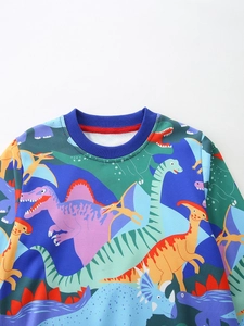 Kids long sleeve sweatshirt with dinosaur print and navy blue ribbed crew neck