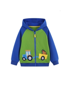 Veste à capuche enfant avec manches bleues et panneau vert brodé d'un tracteur cartoon