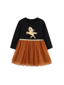 Girls long sleeve tulle dress with cartoon pony print and orange polka dot mesh skirt