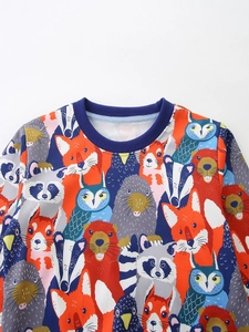 Children's cotton sweatshirt with cute cartoon forest animal prints and ribbed crew neck
