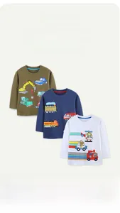 Detailed view of three cotton long-sleeved kids' shirts with various cartoon vehicle prints