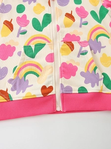 Sweat à capuche enfant avec zip, motifs arc-en-ciel et ourlet côtelé rose vif