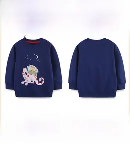 Navy blue girls' sweatshirt showing front and back views with cartoon dragon print