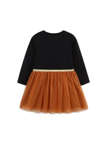 Girls long sleeve princess dress with black top and orange layered mesh tutu skirt