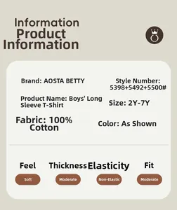 Detailed size chart and fabric information for 100% cotton long sleeve boys' t-shirts