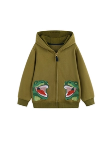 Veste à capuche enfant en tricot de coton vert olive avec broderie de dinosaure