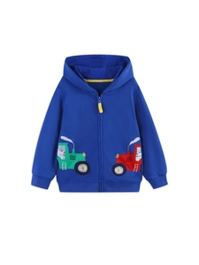 Boys Casual Cartoon Tractor Printed Hoodie Zipper Up Cotton Jacket Soft Long Sleeve Autumn Outerwear For Kids Blue Top
