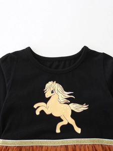 Cute long-sleeve mesh princess dress for girls with cartoon horse print and gold waist