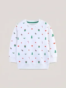 White crewneck sweatshirt for girls with festive Christmas tree and reindeer prints