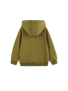 Veste à capuche enfant en vert olive foncé avec broderie dinosaure et tissu en coton