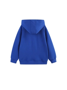 Back view of a boys navy blue hooded sweatshirt with soft knit fabric and ribbed cuffs