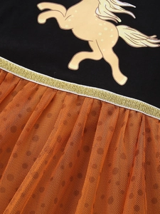 Girls mesh tutu dress with black knit top, gold pony print and orange polka dot tulle skirt
