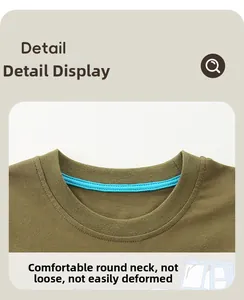 Detail of olive green cotton T-shirt crew neck with blue reinforced seam binding