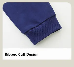 Detail of navy blue ribbed elastic cuffs and soft cotton fabric texture on children outfit