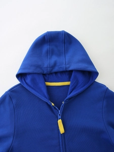 Blue toddler boys hooded sweatshirt jacket with cartoon car print and yellow zip puller