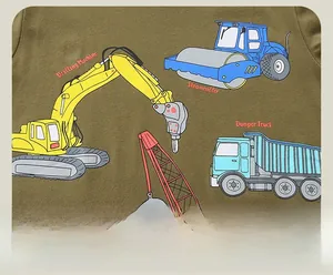 Close-up of military green cotton shirt featuring colorful cartoon construction vehicle prints