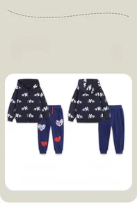 Front and back detail of kids hooded navy tracksuit with squirrel prints and heart patches