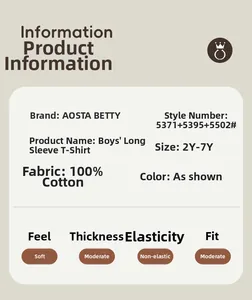 Guide des tailles et détails du t-shirt à manches longues 100% coton pour garçon