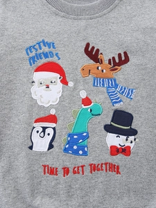 Boys grey cotton Christmas sweatshirt featuring festive cartoon characters embroidery