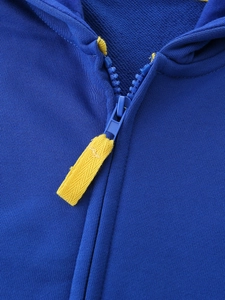 Blue toddler zip-up hoodie with yellow zipper pull and detailed knit hood craftsmanship