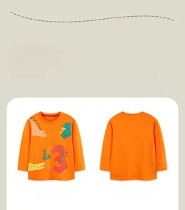 Front and back view of kids orange long sleeve t-shirt with cartoon dinosaur prints