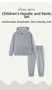 Detail of grey kids' tracksuit featuring a hoodie with kangaroo pocket and elastic joggers