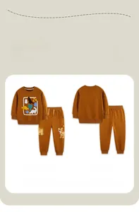 Detailed front and back views of caramel brown kids sweatshirt set with dinosaur embroidery