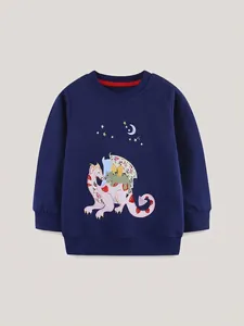 Girls dark blue crewneck sweatshirt with colorful dinosaur embroidery and ribbed cuffs