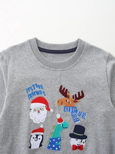 Grey cotton sweatshirt for boys featuring colorful Festive Friends embroidery designs