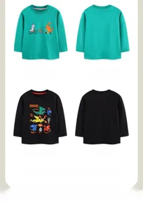 Detail view of cotton kids long sleeve t-shirts with cartoon dinosaur prints and ribbed neck