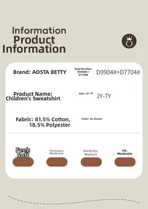Kids hoodie set fabric details and size chart showing 81.5% cotton material specs