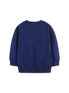 Classic navy blue crewneck sweatshirt for girls with cute dinosaur patch and ribbed cuffs