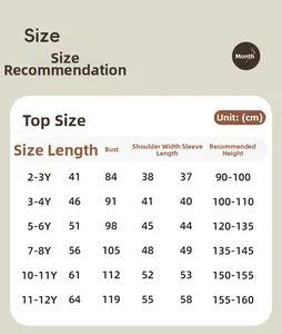 Detailed size chart for kids' hoodie set showing measurements for ages 2 to 12 years