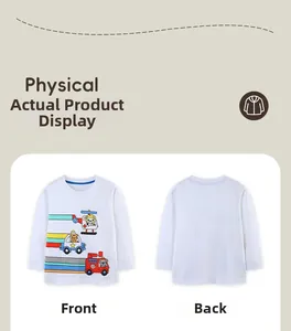 Front and back detail of cotton long sleeve kids T-shirt with cartoon vehicle print