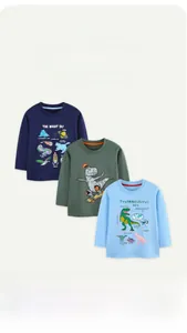 Three children's long-sleeve cotton T-shirts with fun dinosaur and space prints
