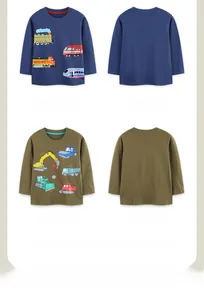 Front and back detail of cotton long sleeve t-shirts with cartoon vehicle prints for boys